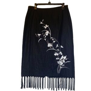 JOHN ROBERTS women's Linen blend Black floral Embroidered tassel skirt size 14P